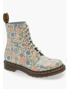 Dr. Martens Floral Lace-Up Boot in Cream with Pink, Blue & Green 1460 Pascal